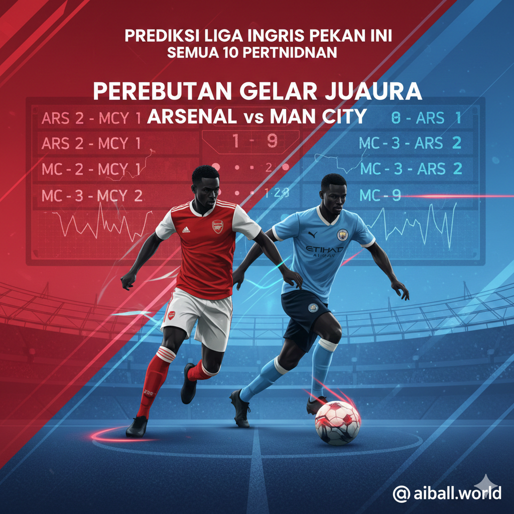 Grafis ilustrasi aksi sepak bola yang dinamis yang menggambarkan persaingan papan atas antara Arsenal dan Manchester City. Gambar menampilkan elemen warna merah dan biru yang kontras dengan latar belakang tipografi skor digital yang futuristik. Terdapat siluet pemain yang sedang menggiring bola dengan cepat, menciptakan efek gerakan (motion blur). Gaya visualnya bersih dan modern, menggunakan komposisi asimetris dengan elemen grafis seperti garis-garis kecepatan dan tekstur stadion yang halus, sangat cocok untuk audiens situs olahraga aiball.world yang berfokus pada data dan prediksi.