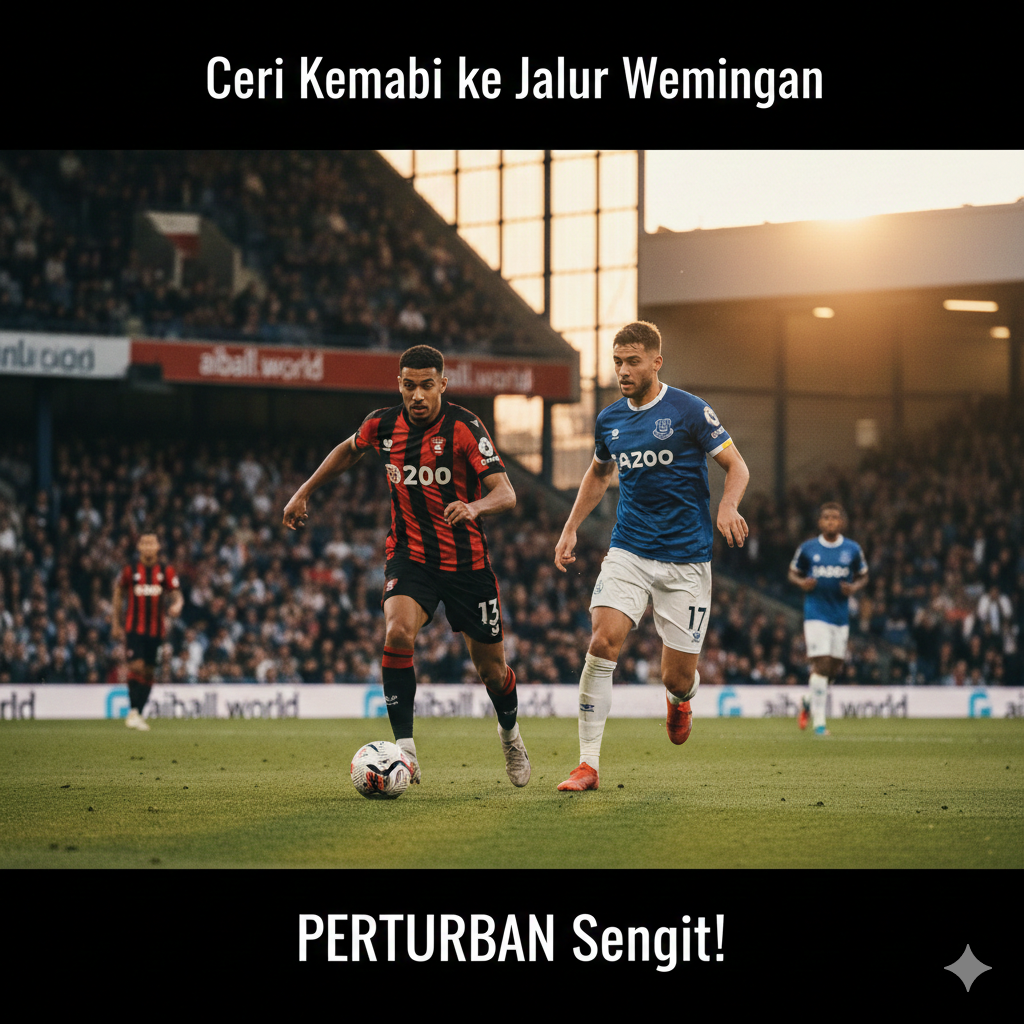 A dynamic football action shot at Vitality Stadium during a sunset match. In the foreground, a Bournemouth player in a red and black striped kit is dribbling the ball past an Everton defender in a classic blue jersey. The lighting is cinematic with warm golden hour tones hitting the green grass. In the background, the stadium stands are filled with fans, and the 'aiball.world' logo is subtly integrated into the digital advertising boards. High-speed photography style with a slight motion blur on the ball to convey intensity.