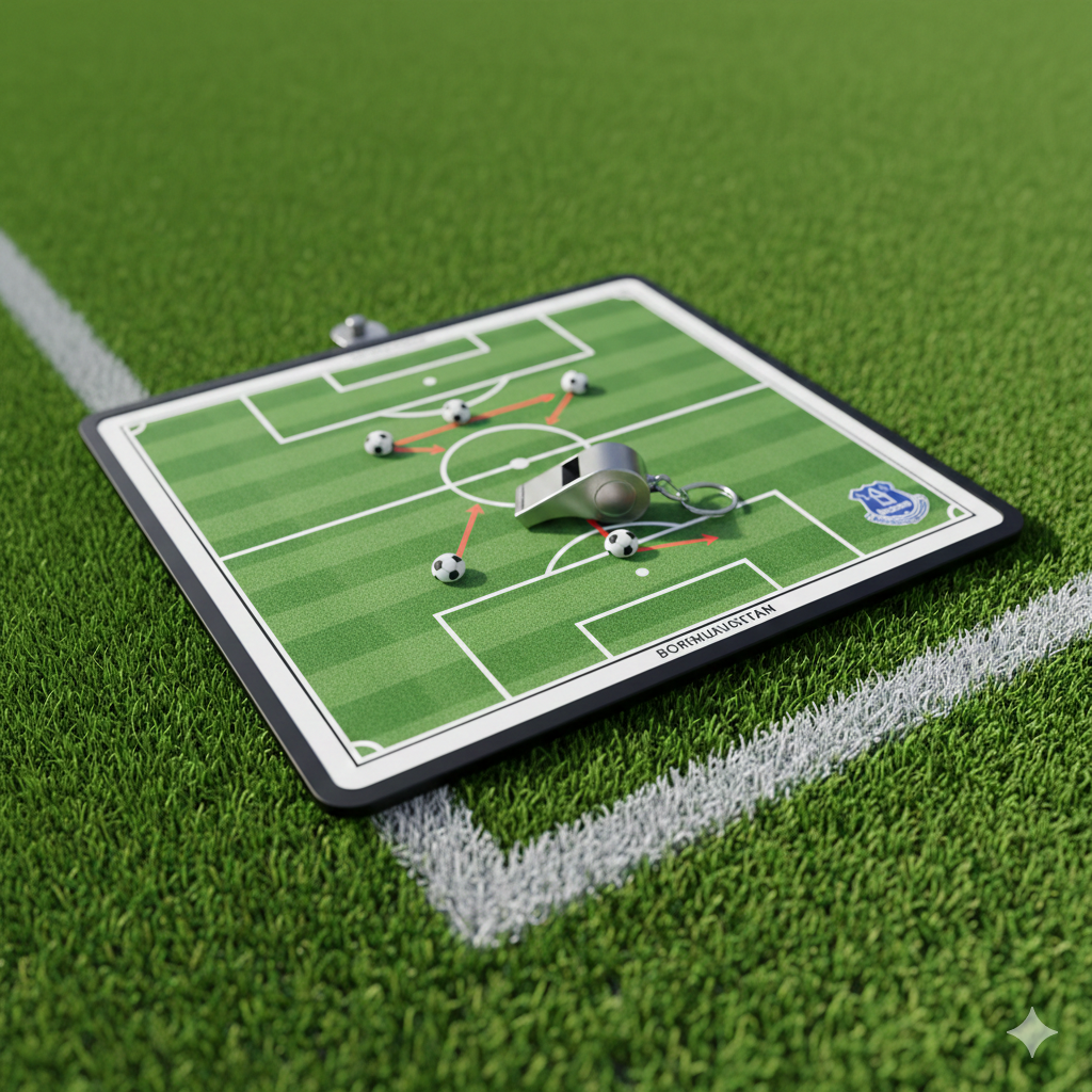 A close-up shot of a tactical coaching board and a whistle resting on a lush green football pitch. The board shows strategic movements with magnets representing Bournemouth and Everton formations. The style is professional and analytical, using a shallow depth of field to focus on the tactical layout. The colors are vibrant, dominated by natural grass green and the crisp white lines of the penalty area. This visual emphasizes the pre-match analysis and the 'winning ways' theme of the article.