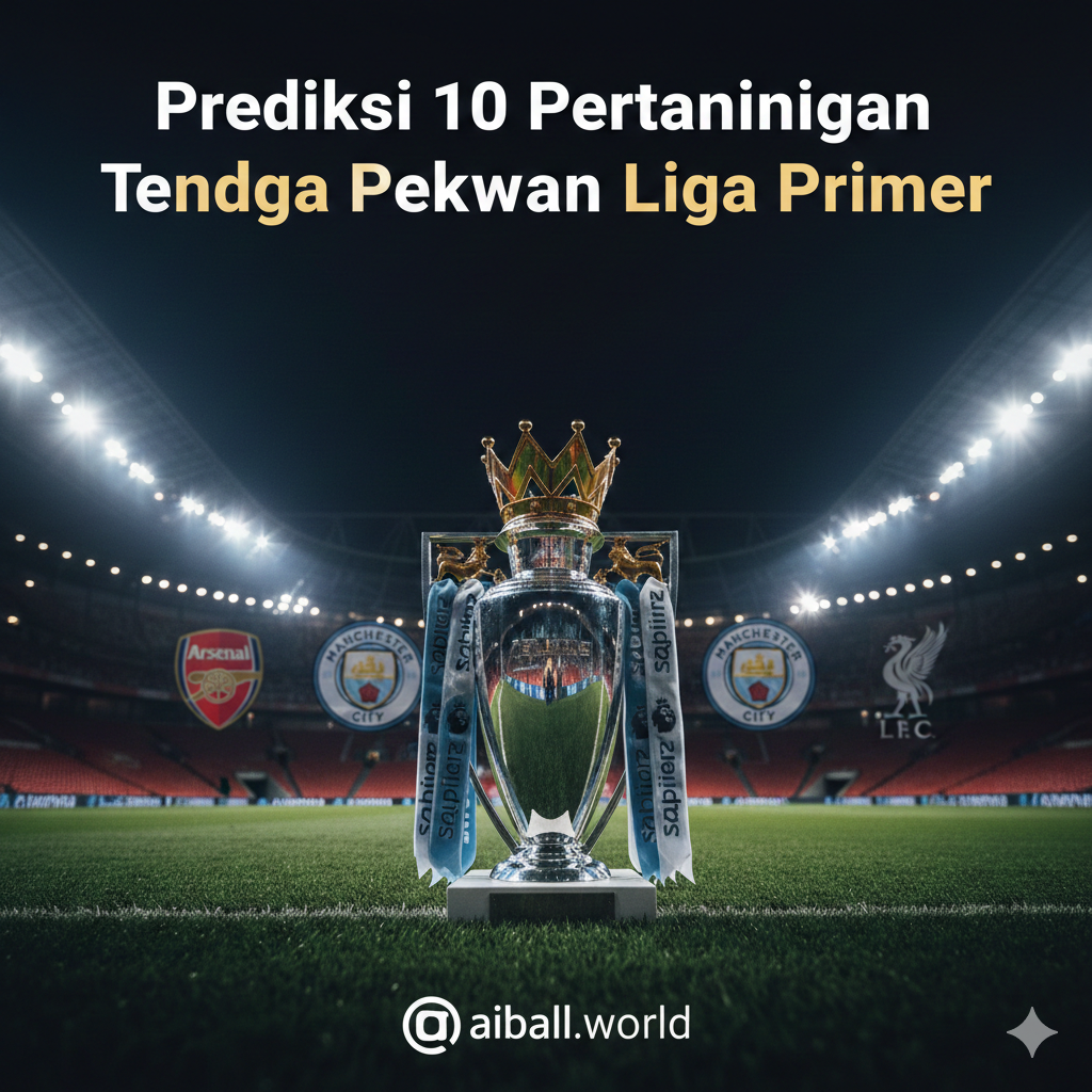 Pemandangan dramatis stadion Premier League modern di malam hari dengan lampu sorot yang terang benderang menyinari lapangan hijau yang sempurna. Di latar depan, terdapat trofi Liga Inggris yang berkilau di atas tumpuan, dengan latar belakang yang agak kabur menampilkan logo klub-klub besar seperti Arsenal, Man City, dan Liverpool. Gaya fotografis sinematik, sudut pandang rendah (low-angle) untuk memberikan kesan megah, dengan palet warna biru tua, emas, dan hijau rumput yang tajam.