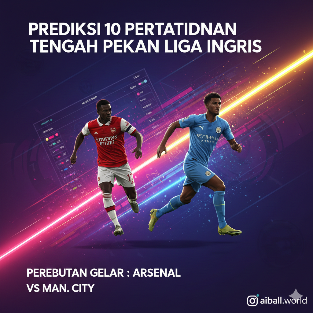 Ilustrasi grafis yang dinamis menggambarkan persaingan ketat perebutan gelar juara antara Arsenal dan Manchester City. Menampilkan siluet pemain sepak bola berbaju merah dan biru yang sedang beradu lari dengan latar belakang grafik papan klasemen yang abstrak dan modern. Komposisinya terbagi secara diagonal dengan pencahayaan neon yang energik, menggunakan elemen grafis seperti percikan cahaya dan garis kecepatan untuk menonjolkan intensitas pertandingan tengah pekan yang krusial.