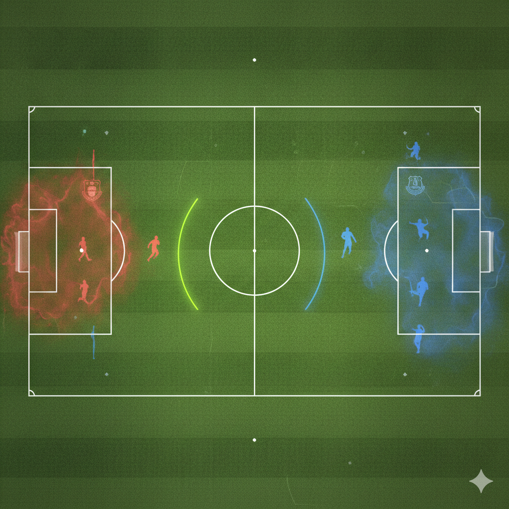 A tactical and modern visual representation of a football pitch viewed from a high angle. One side of the pitch shows a glowing red aura representing Bournemouth's home dominance, while the other side features a blue tactical board style for Everton. Digital data overlays like heat maps and player silhouettes are subtly integrated into the design. The style is sleek and broadcast-quality, using a dark green turf background with neon light elements to emphasize the analytical nature of the match preview.