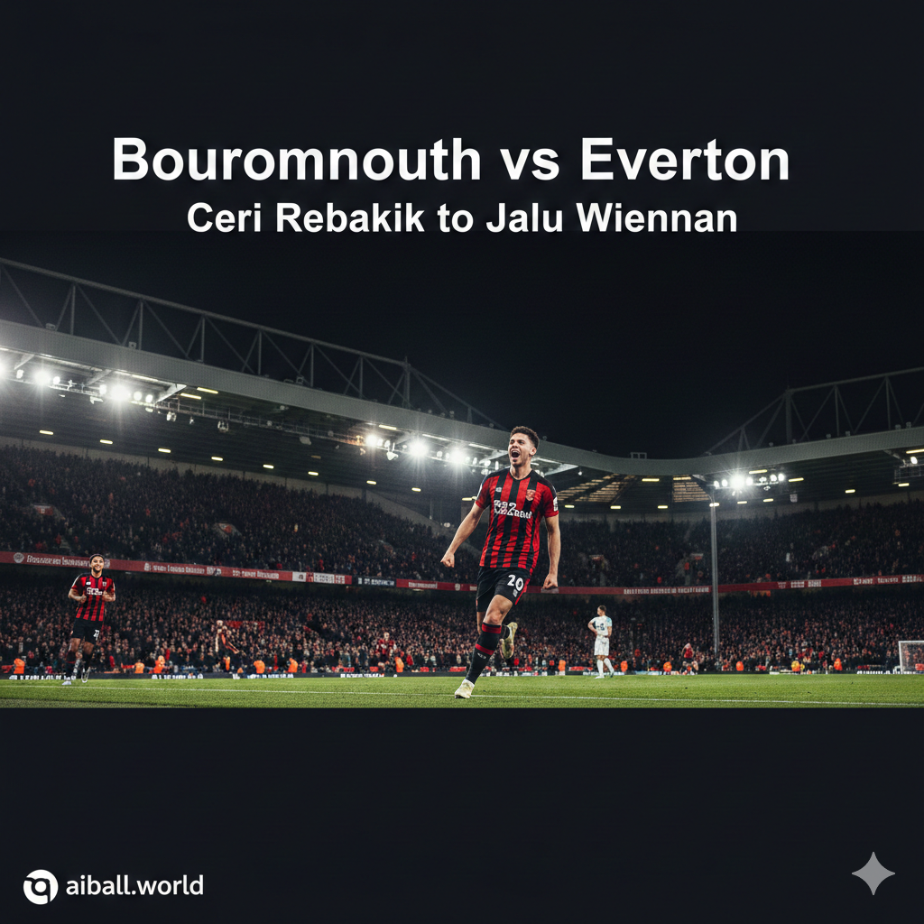 A high-energy cinematic wide shot of Vitality Stadium during a night match under bright floodlights. In the foreground, a Bournemouth player in a red and black striped kit is celebrating a goal, captured in a dynamic action pose. The background shows a blurry crowd and the stadium architecture. The color palette is dominated by intense reds and deep blacks, with high contrast and a professional sports photography style that conveys excitement and a 'return to winning ways' theme.