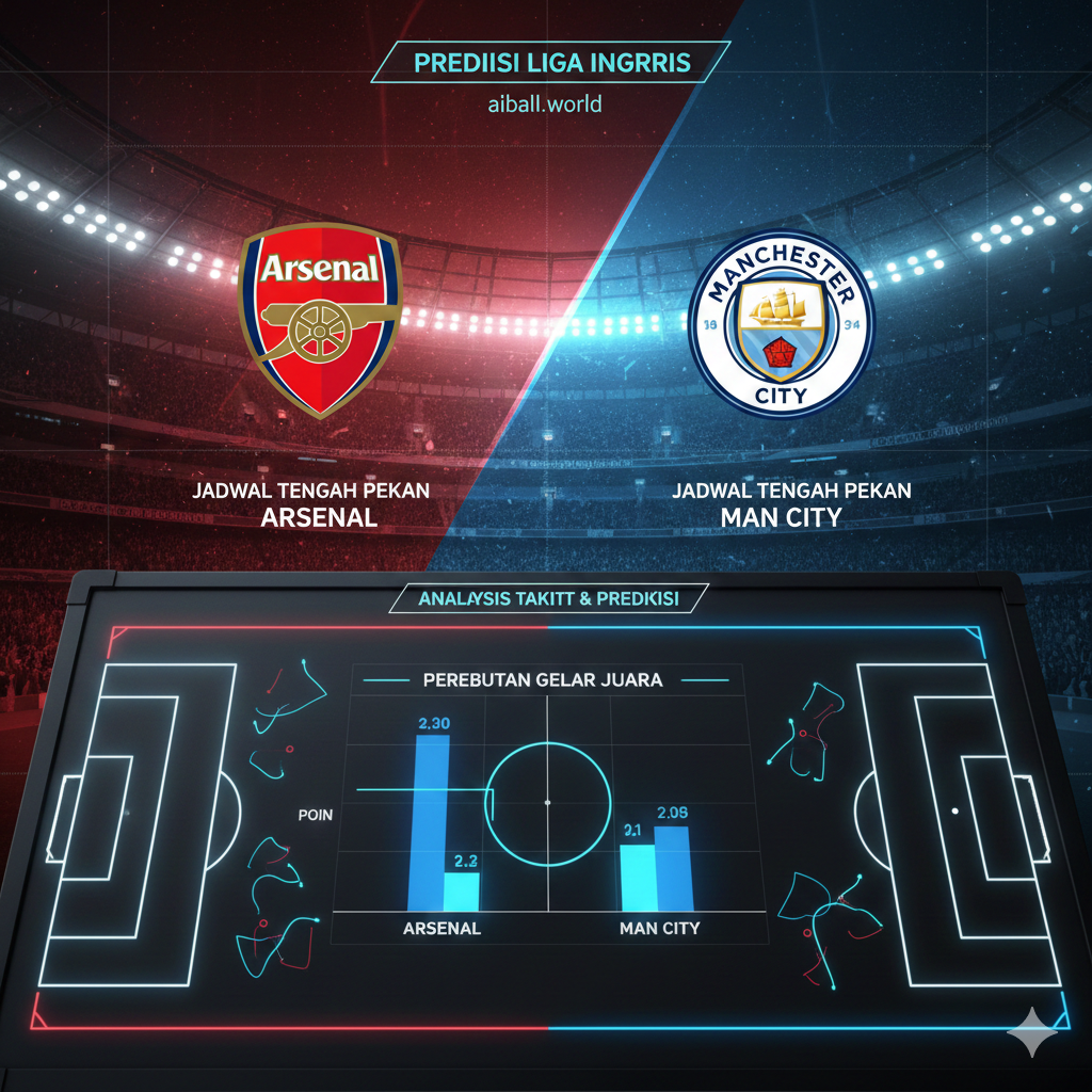 A visual representation of the title race tension, showing the logos of Arsenal and Manchester City on high-tech digital stadium screens. In the foreground, a tactical whiteboard shows football formations and strategies with glowing neon lines. The color palette combines Arsenal's red and City's sky blue, separated by a sharp diagonal lighting effect. The composition is sleek and modern, emphasizing the data-driven and high-stakes nature of the current league standings and predictions.