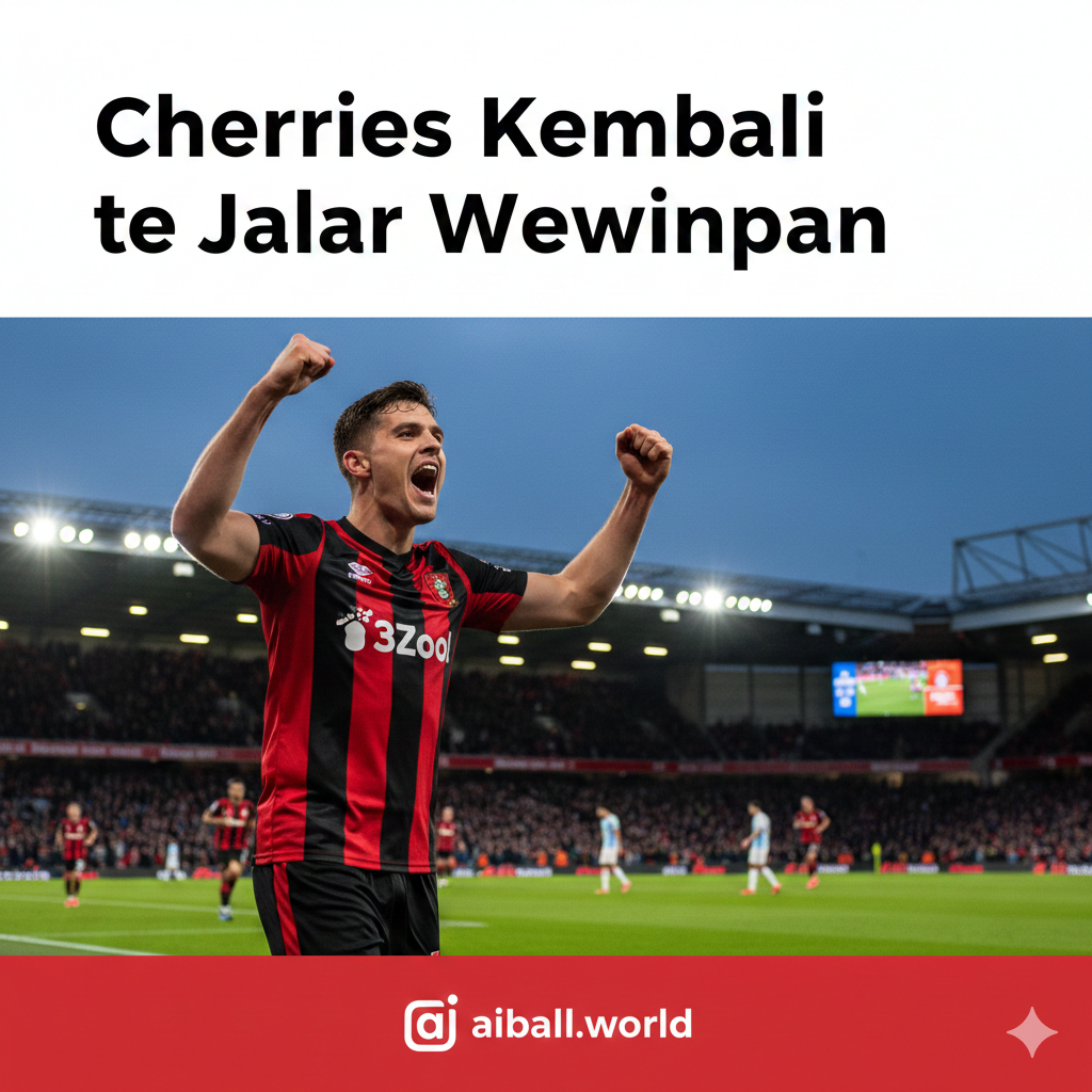 A high-action cinematic shot of a football match at Vitality Stadium during twilight. In the foreground, a player in the Bournemouth red and black striped kit is celebrating a goal with intense emotion. The background shows the stadium lights glowing against a deep blue evening sky, with blurred fans cheering in the stands. The style is professional sports photography with a shallow depth of field, vibrant colors, and dynamic lighting that emphasizes the 'Cherries' return to winning ways.