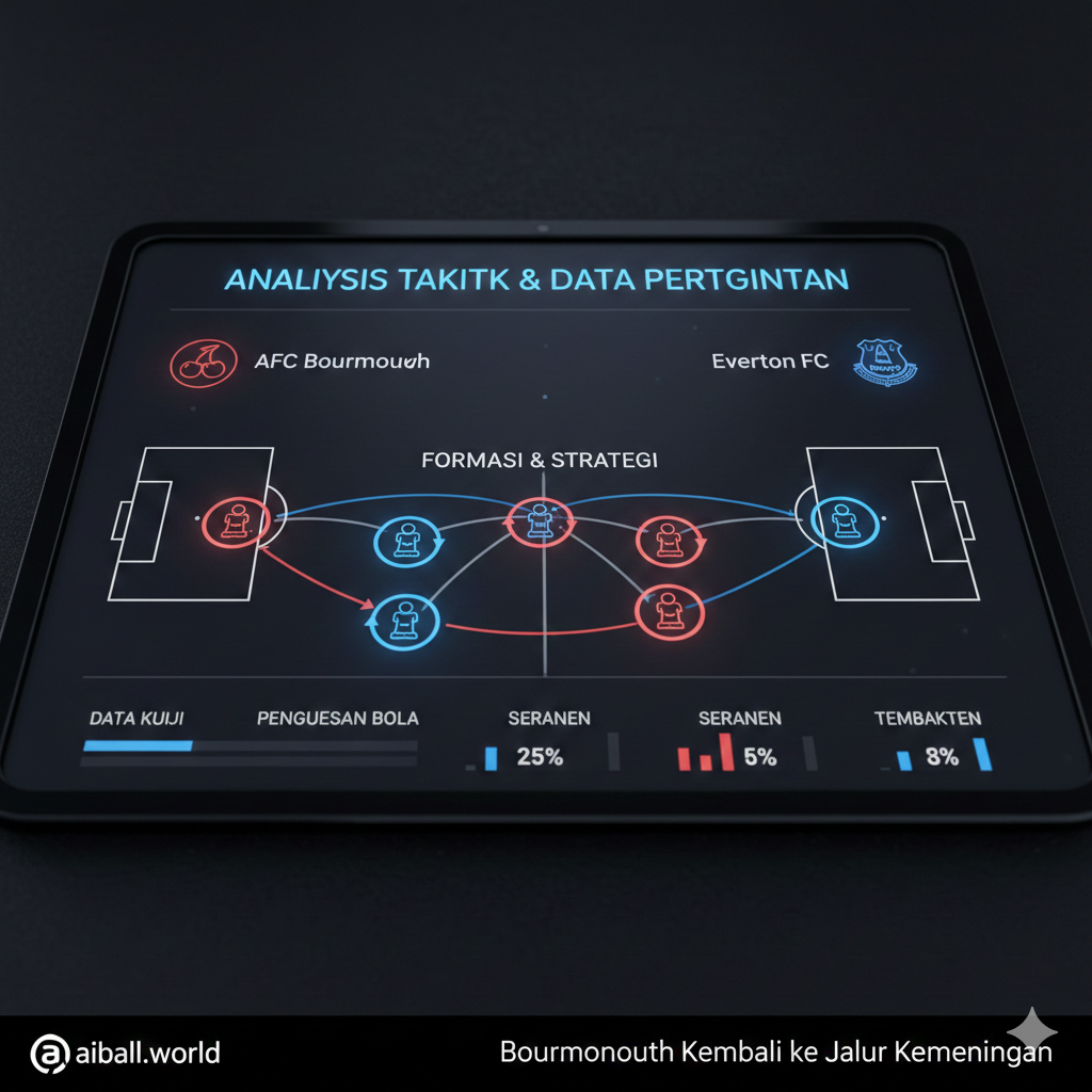 A close-up, top-down perspective of a tactical coach's board or a digital screen showing a football formation analysis. The image features glowing red and blue icons representing the two teams, Bournemouth and Everton, with tactical arrows indicating player movements and attacking strategies. The color palette is modern and sleek with dark backgrounds and neon-lit elements. This visual highlights the analytical nature of the match preview, focusing on team lineups and strategic depth.