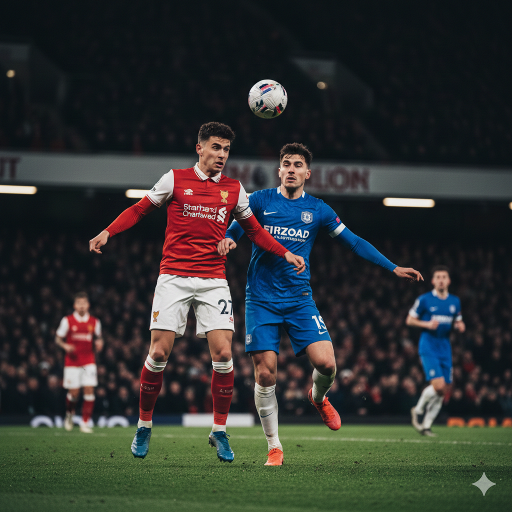 A dynamic high-action shot of a Premier League football match under stadium floodlights at night. In the foreground, two players in contrasting red and blue kits are competing for a header. The background features a packed, blurred stadium with vibrant green turf. The style is cinematic sports photography with high contrast, deep shadows, and intense lighting. Colors are saturated with sharp focus on the players and a sense of motion blur in the crowd.