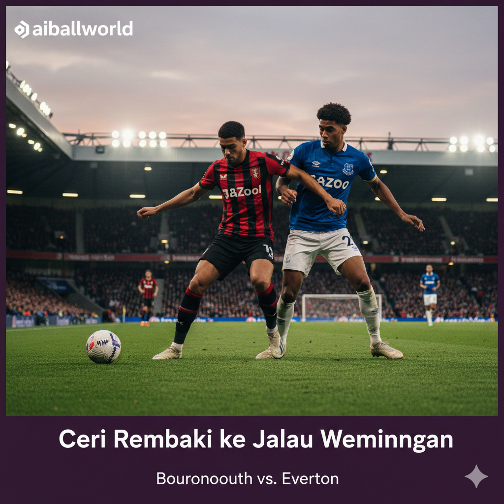 Pemandangan sinematik dari stadion Vitality Stadium yang ikonik saat senja di bawah lampu sorot yang terang. Di tengah lapangan, seorang pemain Bournemouth yang mengenakan jersey garis-garis merah-hitam sedang beradu fisik memperebutkan bola dengan pemain Everton yang mengenakan jersey biru. Gaya fotografi olahraga profesional dengan fokus tajam pada pemain dan latar belakang tribun penonton yang sedikit kabur (bokeh). Komposisi dinamis dari sudut rendah yang menangkap intensitas persaingan Liga Inggris, dengan palet warna yang kontras antara merah gelap dan biru royal.