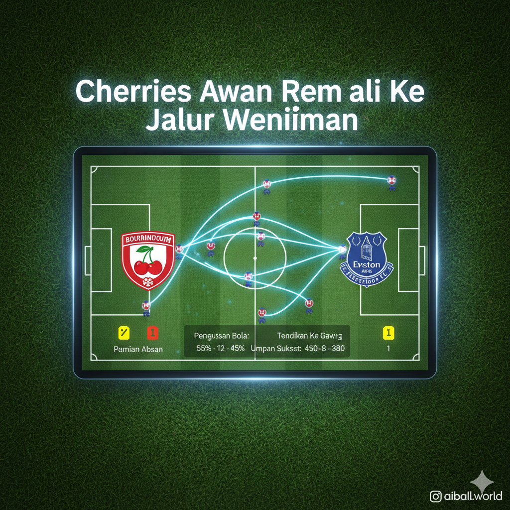 Visualisasi papan taktik sepak bola digital yang modern dan elegan dengan latar belakang rumput hijau gelap yang dramatis. Terdapat elemen grafis yang menunjukkan statistik pertandingan, ikon kartu merah dan kuning untuk melambangkan absensi pemain, serta logo klub Bournemouth dan Everton di sisi yang berlawanan. Pencahayaan bergaya teknologi dengan aksen neon tipis, memberikan kesan analisis mendalam dan profesional sesuai dengan gaya situs aiball.world. Komposisi terpusat yang bersih dan informatif untuk mendukung bagian analisis kondisi tim.