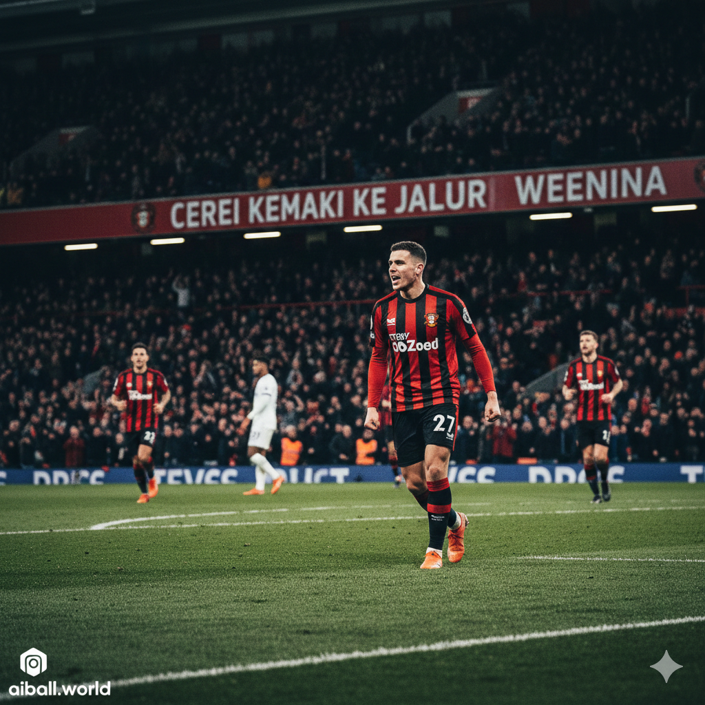 A high-energy cinematic sports photography shot capturing the intensity of a Premier League match at Vitality Stadium. In the foreground, a Bournemouth player in the iconic red and black striped kit is seen celebrating a goal or making a decisive run. The background shows the stadium's vibrant atmosphere with blurred crowds and floodlights. The lighting is dramatic, highlighting the grass texture and the sweat and determination on the players' faces. Colors are saturated with a focus on Bournemouth's red and the stadium's green pitch.