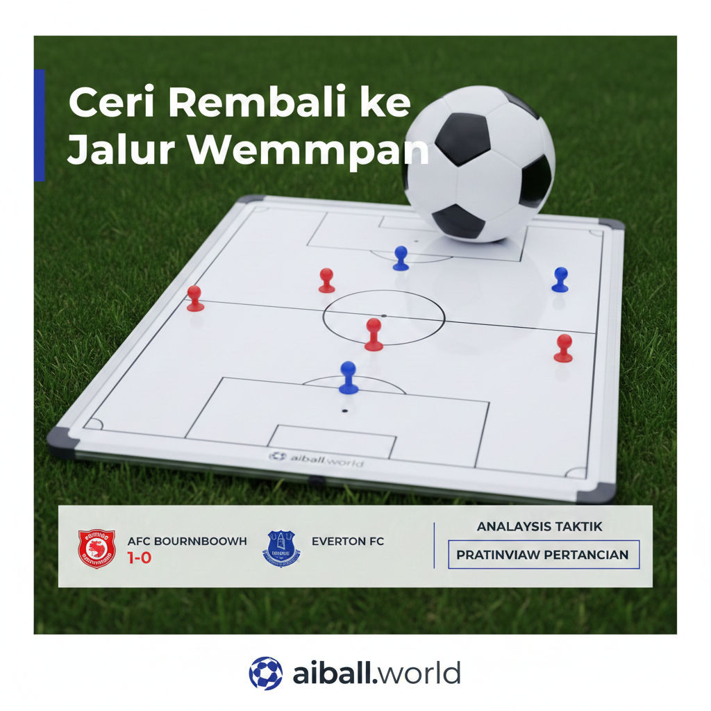 A detailed close-up shot of a modern tactical whiteboard and a soccer ball placed on a lush green turf. On the whiteboard, strategic markers in red (Bournemouth) and blue (Everton) illustrate a formation or set-piece play. The image has a professional, analytical feel with shallow depth of field, focusing on the tactical diagrams. The color palette is dominated by the natural green of the grass and the stark contrast of the team colors, symbolizing the analytical depth of aiball.world.