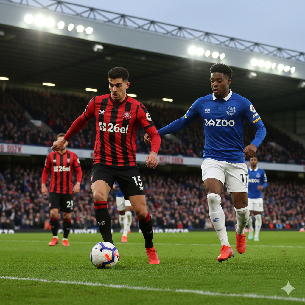 A high-action cinematic shot featuring football players from Bournemouth in their classic red and black striped kits facing off against Everton players in royal blue kits. The scene is set in a vibrant Vitality Stadium at dusk under bright floodlights. A professional football rests in the foreground with a blurred stadium background full of cheering fans. The color palette is intense with high contrast, emphasizing the red and blue team colors. The composition is dynamic, using a low-angle shot to capture the intensity and competitive spirit of the Premier League match.