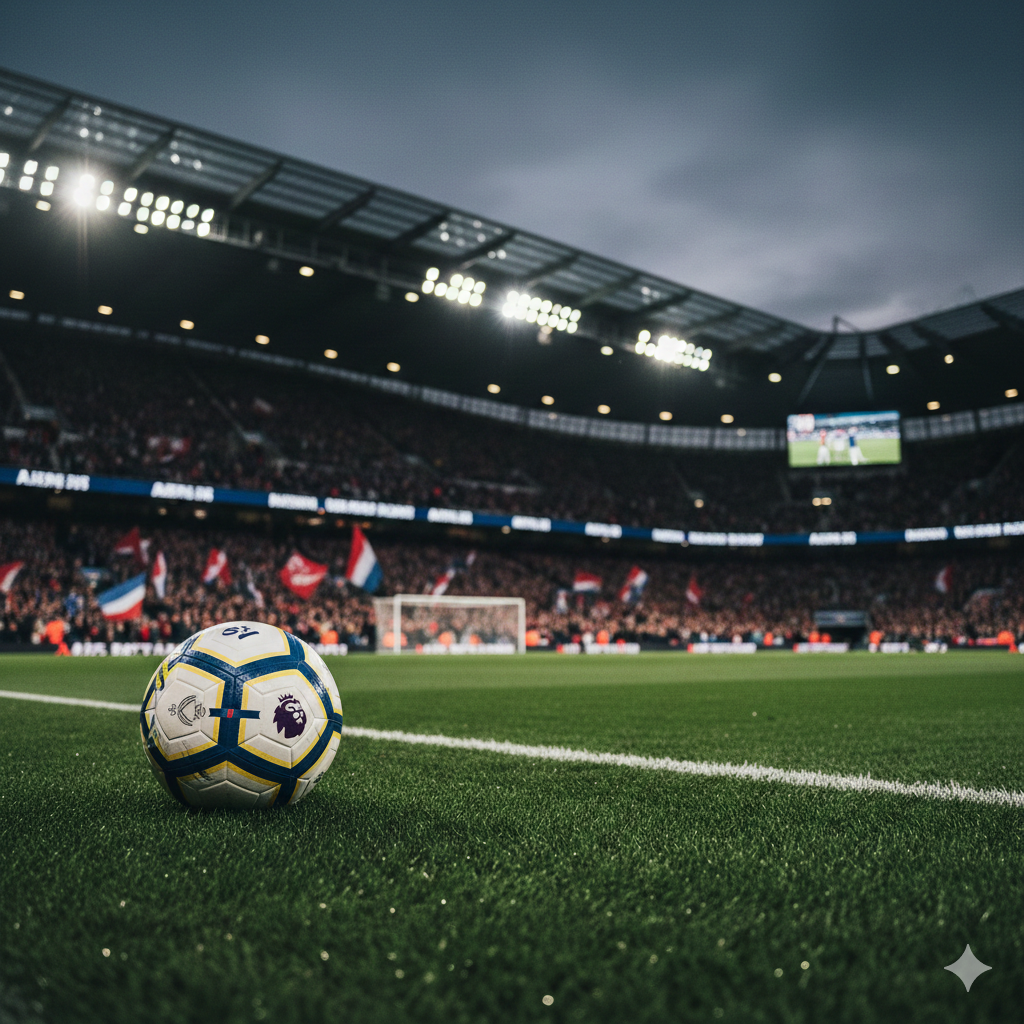 A high-energy cinematic wide shot of a modern Premier League stadium illuminated under bright floodlights during a night match. The foreground features a professional soccer ball with the official league branding on a lush green grass pitch with visible water droplets. In the blurred background, the stands are filled with passionate fans waving red and blue flags, creating a vibrant atmosphere. The color palette is dominated by deep stadium greens, brilliant white lights, and a dark twilight sky, conveying the intensity of a midweek title race.