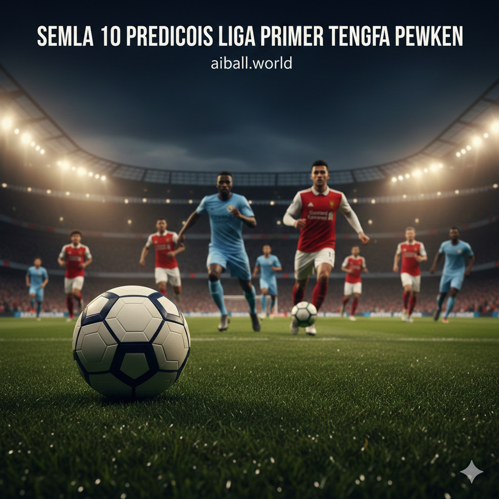 Pemandangan dramatis stadion sepak bola Inggris yang modern pada malam hari di bawah sorotan lampu stadion yang terang. Di latar depan, terdapat bola sepak premium yang diletakkan di atas rumput hijau yang sempurna dengan butiran embun. Latar belakang menampilkan siluet buram pemain dari berbagai klub utama Liga Inggris seperti Arsenal, Man City, dan Liverpool dalam aksi kompetitif. Skema warna didominasi oleh biru tua malam hari, hijau lapangan yang kontras,และ cahaya keemasan dari lampu stadion untuk menciptakan atmosfer pertandingan besar yang mendebarkan.