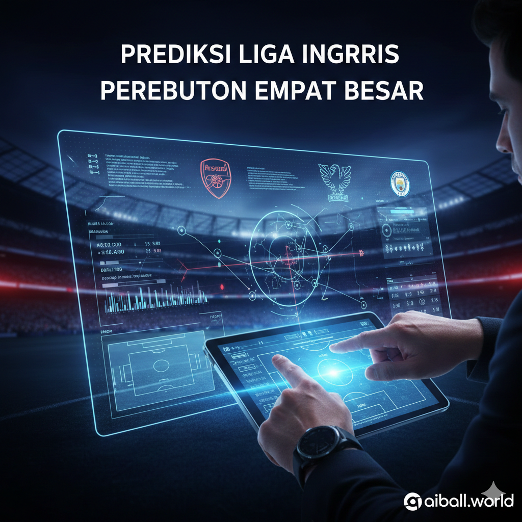 Representasi visual artistik dari persaingan ketat di papan atas klasemen Liga Inggris. Gambar menampilkan papan taktik digital dengan grafik hologram yang menunjukkan statistik pertandingan dan logo klub seperti Arsenal, Man City, dan Aston Villa. Fokus pada tangan seorang manajer yang sedang menunjuk strategi di layar tablet yang bersinar. Pencahayaan futuristik dengan nuansa warna biru elektrik dan merah, menciptakan kesan analisis mendalam dan prediksi teknis yang cerdas untuk pertandingan tengah pekan yang menentukan posisi empat besar.