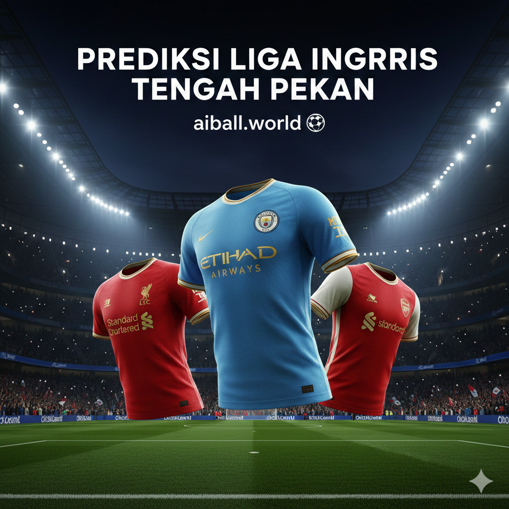 Sebuah gambar sampul sinematik yang menangkap esensi intensitas Premier League di malam hari. Fokus utama pada stadion sepak bola modern yang megah dengan lampu sorot yang terang benderang menciptakan atmosfer 'midweek football'. Di latar depan, terdapat representasi artistik dari jersey klub besar seperti Arsenal, Manchester City, dan Liverpool yang disusun secara dinamis. Gaya visualnya adalah fotografi olahraga profesional dengan kontras tinggi, menggunakan palet warna biru malam, hijau rumput yang tajam, dan aksen emas untuk memberikan kesan premium dan kompetitif. Komposisi menggunakan teknik wide-angle untuk menunjukkan kemegahan stadion.