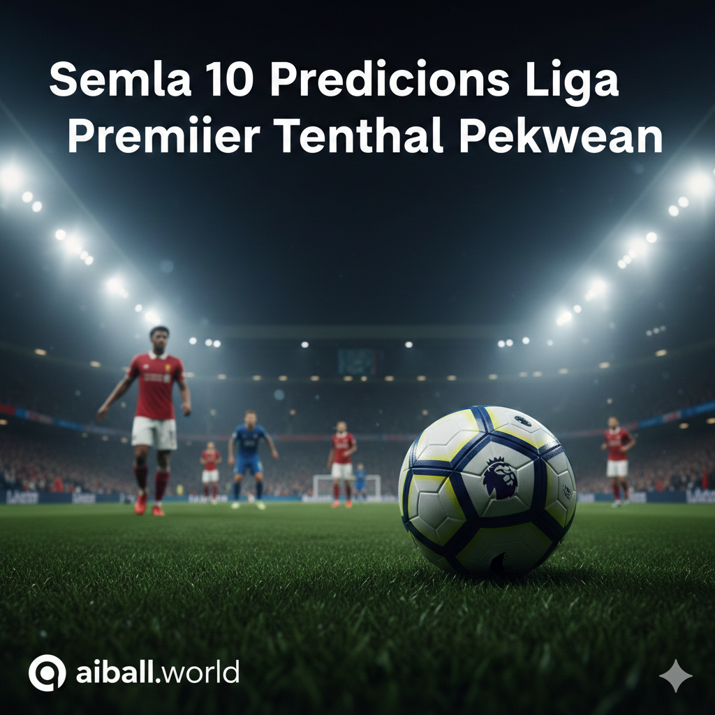 A dynamic high-angle shot of a modern English football stadium at night under bright floodlights. In the foreground, a professional soccer ball with the Premier League logo sits on the lush green grass. In the background, blurred silhouettes of players in red and blue kits are competing. The atmosphere is cinematic with a misty air, vibrant green turf, and a crowd of fans visible in the bokeh background. The color palette features deep blues, electric greens, and bright white light, conveying the intensity of a midweek matchday.