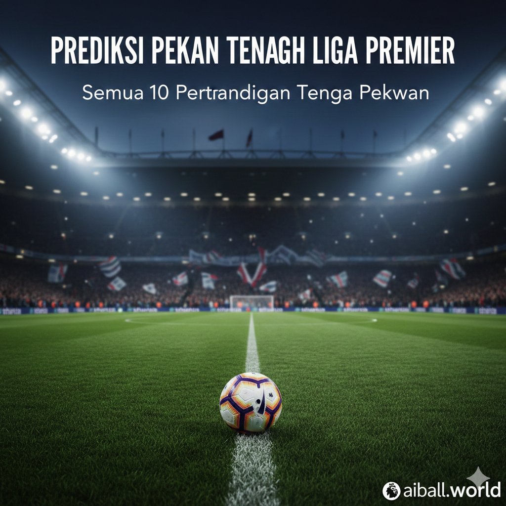 Sebuah gambar cinematic suasana stadion Premier League di malam hari (night match) di bawah lampu sorot yang terang. Di tengah lapangan, terdapat bola sepak resmi Premier League yang diletakkan di atas rumput hijau yang sempurna dengan pola garis-garis. Latar belakang menunjukkan tribun penonton yang penuh dengan siluet pendukung yang antusias dan bendera tim yang samar-samar. Gaya visual harus fotorealistik dengan efek bokeh di latar belakang, menggunakan palet warna dramatis biru tua, hijau rumput yang tajam, dan cahaya putih terang dari lampu stadion untuk menciptakan atmosfer pertandingan besar.