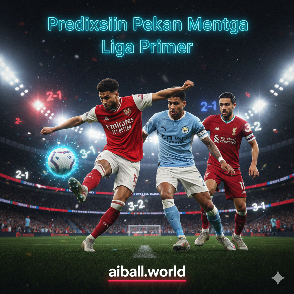 Ilustrasi digital yang menampilkan kolase aksi pemain sepak bola dari klub-klub utama seperti Arsenal, Manchester City, dan Liverpool yang sedang bertanding secara intens. Fokus pada gerakan dinamis pemain yang sedang menendang bola atau merayakan gol. Desain grafis ini menggunakan elemen modern dengan teks skor prediksi yang samar-samar di latar belakang dan efek cahaya neon yang melambangkan kecepatan dan energi Premier League. Komposisinya dinamis dengan sudut pengambilan gambar rendah (low angle) untuk memberikan kesan heroik, menggunakan skema warna tim yang kontras seperti merah, biru, dan putih.