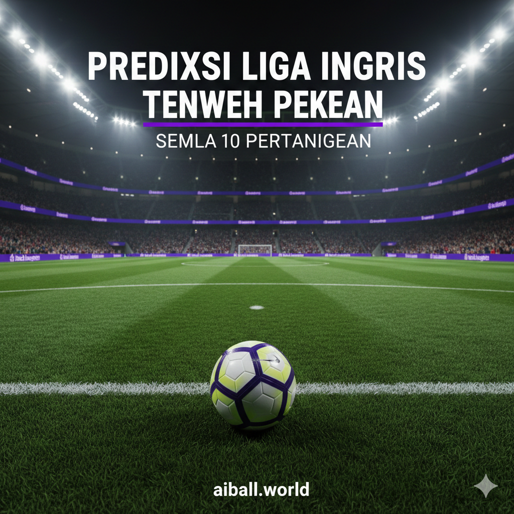 A dynamic high-angle shot of a modern English football stadium illuminated under bright floodlights at night. In the center, a high-quality soccer ball sits on the lush green grass with white chalk lines visible. The atmosphere is cinematic and energetic, with a slight motion blur in the stands to suggest a packed crowd. The color palette features deep stadium greens, vibrant white lights, and a hint of the Premier League's signature purple branding in the digital advertising boards. The composition is focused and symmetrical, capturing the intense anticipation of a midweek matchday.