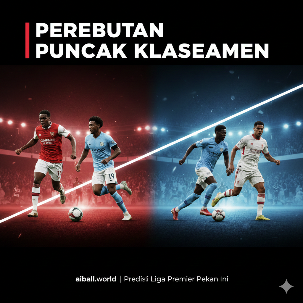 A conceptual split-screen or collage-style image representing the clash between top Premier League teams like Arsenal, Manchester City, and Liverpool. It features stylized silhouettes of professional football players in action—one celebrating a goal, another sprinting—set against a backdrop of iconic club colors (red, sky blue, and white). The style is modern, sleek, and digital, using sharp graphic elements and light streaks to convey speed and elite competition. The lighting is dramatic with high contrast, emphasizing the high stakes of the title race and the fight for the top four positions.