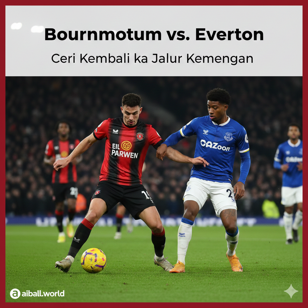 Một bức ảnh hành động kịch tính trên sân cỏ giải Ngoại hạng Anh tại sân vận động Vitality. Hình ảnh ghi lại khoảnh khắc tranh chấp bóng quyết liệt giữa một cầu thủ Bournemouth trong trang phục sọc đỏ đen truyền thống và một cầu thủ Everton trong trang phục màu xanh hoàng gia. Bối cảnh là sân vận động ngập tràn ánh đèn vào buổi tối, cỏ xanh mướt, khán đài đông đúc khán giả tạo nên bầu không khí sôi động. Phong cách nhiếp ảnh thể thao chuyên nghiệp, độ tương phản cao, tiêu cự tập trung vào các cầu thủ với hiệu ứng làm mờ hậu cảnh (bokeh) để làm nổi bật sự quyết tâm trên khuôn mặt họ.