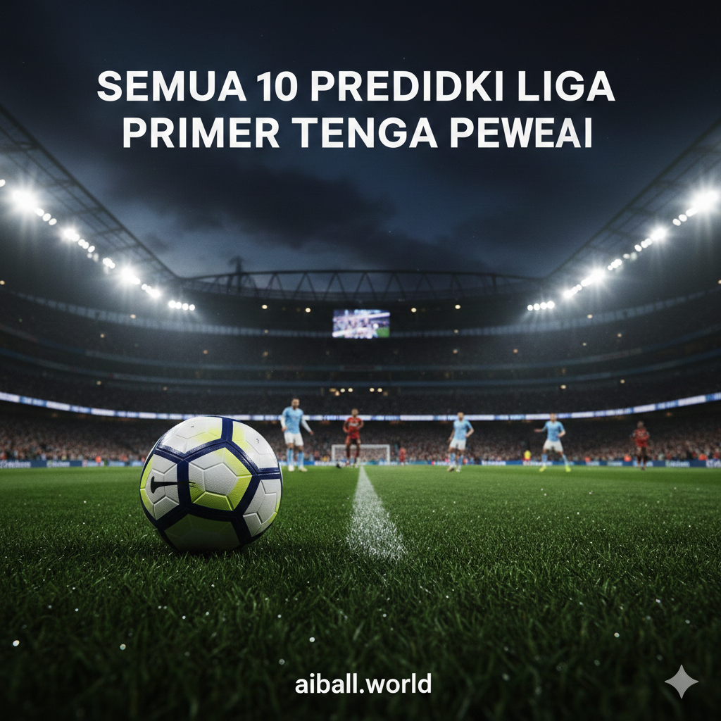 Sebuah gambar cinematic suasana stadion Liga Inggris yang megah di malam hari di bawah lampu sorot yang terang. Di latar depan, terdapat bola sepak modern yang diletakkan di atas rumput hijau yang sempurna dengan butiran embun. Di latar belakang yang sedikit blur, terlihat siluet samar pemain dari tim besar seperti Arsenal dan Manchester City yang sedang bersaing. Komposisi menggunakan teknik wide-angle untuk menangkap kemegahan tribun penonton yang penuh sesak. Warna didominasi oleh hijau lapangan yang kontras dengan cahaya putih stadion dan langit malam biru tua, menciptakan atmosfer pertandingan papan atas yang intens dan penuh gairah.