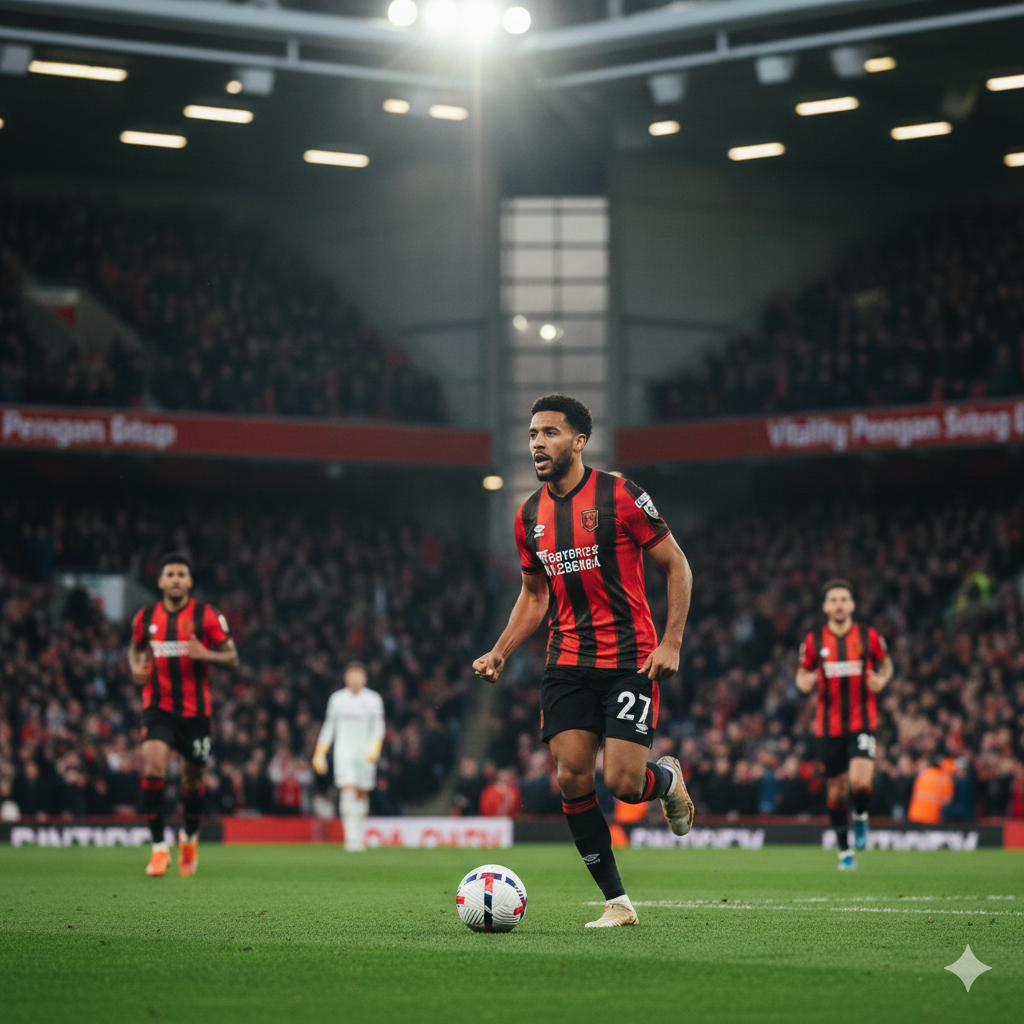 A high-action cinematic shot of a football match at Vitality Stadium during twilight. In the foreground, a Bournemouth player in a red and black striped kit is seen celebrating or driving the ball forward, symbolizing their determination to win. The stadium lights create a dramatic flare effect. The colors are vibrant with deep reds, blacks, and emerald green grass. The composition follows the rule of thirds with the player as the focal point, and a blurred crowd in the background wearing team colors to add atmosphere and energy.