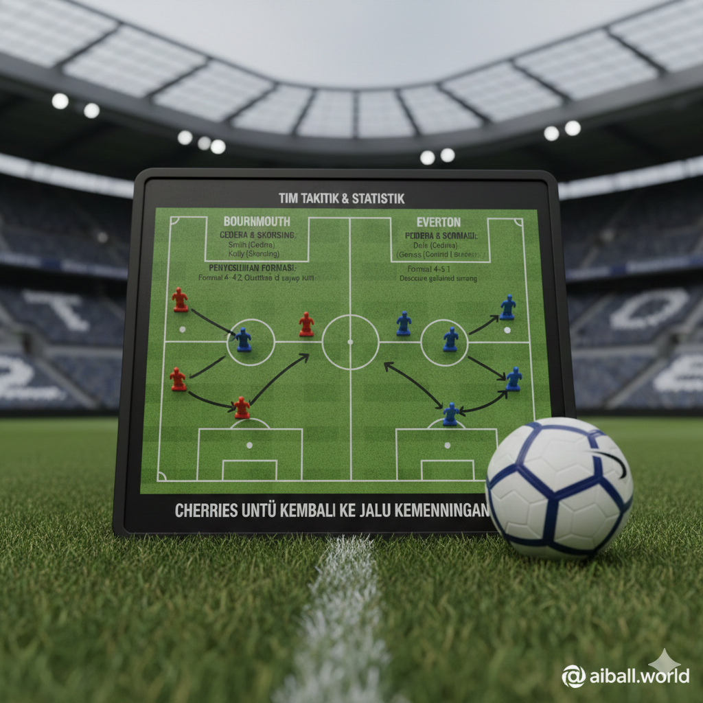 A detailed close-up of a tactical coaching board and a football resting on the grass. The board shows magnetic markers representing players in Bournemouth's red-black and Everton's blue formations, with arrows indicating strategic movements. The lighting is soft and focused, emphasizing the analytical side of the game. The background shows the blurred stands of a modern stadium. This image uses a shallow depth of field to highlight the tactical preparation required for this crucial Premier League clash, using a professional and clean sports photography style.