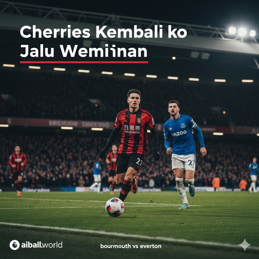 A high-intensity cinematic shot of a professional football match at Vitality Stadium during a night game under bright floodlights. In the foreground, a Bournemouth player in a red and black striped kit is seen celebrating or driving the ball forward, while an Everton player in a blue kit is in pursuit. The background shows a blurry, packed stadium with fans in motion. The color palette is vibrant with strong contrasts between the red, black, and blue kits against the lush green grass. The composition is dynamic, using a low-angle perspective to emphasize the scale and energy of the Premier League atmosphere.