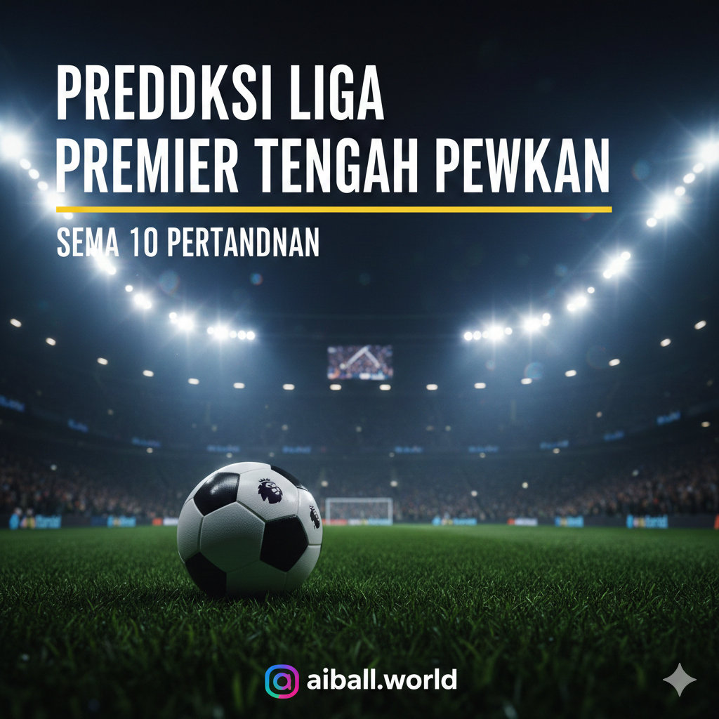 A high-energy cinematic wide shot of a modern Premier League stadium illuminated under floodlights during a misty night match. In the foreground, a professional football with the Premier League logo sits on the vibrant green grass. The background features blurred silhouettes of cheering fans in the stands and bright stadium lights creating a lens flare effect. The color palette is dominated by deep blues, emerald greens, and bright white highlights, conveying a prestigious and intense sporting atmosphere suitable for a match prediction cover.