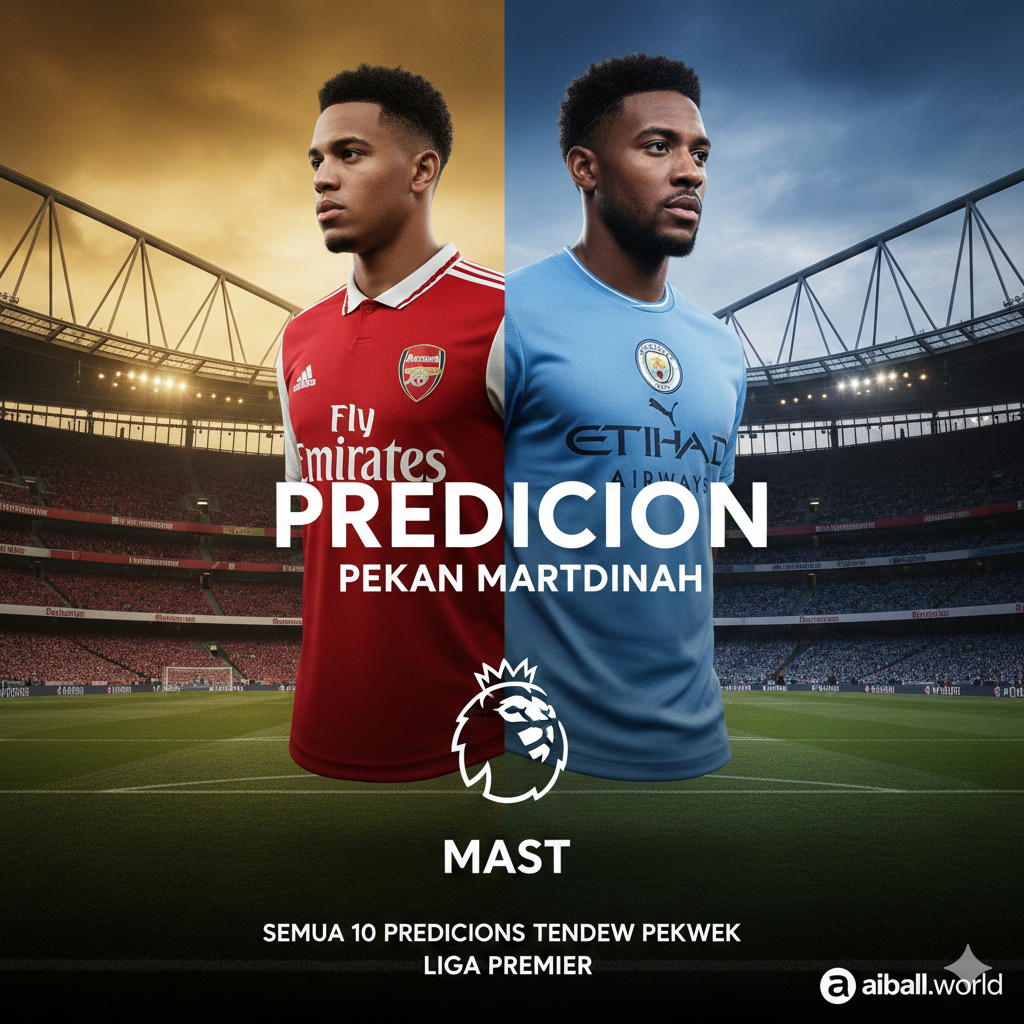 Sebuah ilustrasi sinematik berkualitas tinggi yang menampilkan perpaduan antara stadion Emirates dan Etihad sebagai latar belakang. Di bagian depan, terdapat elemen visual jersey merah Arsenal dan jersey biru langit Manchester City yang saling berhadapan. Pencahayaan dramatis dengan nuansa emas dan biru gelap menciptakan atmosfer persaingan sengit Premier League. Di tengah gambar, terdapat teks tipografi 'Matchweek Predictions' yang modern dan logo Premier League yang elegan. Komposisi gambar simetris untuk memberikan kesan keseimbangan kekuatan antara dua raksasa liga.