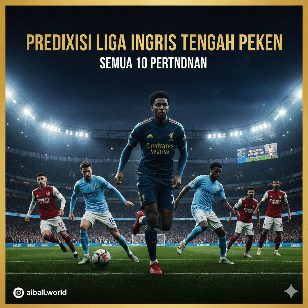 A high-energy cinematic wide shot of a Premier League stadium at night under bright floodlights. In the foreground, stylized silhouettes of key players from Arsenal, Man City, and Liverpool are shown in action. The background features a blurred, cheering crowd and a digital scoreboard displaying 'Midweek Madness'. The color palette is dominated by vibrant stadium greens, deep night blues, and glowing gold accents to create an elite sporting atmosphere. The composition is dynamic with a shallow depth of field, focusing on the intensity of the competition.