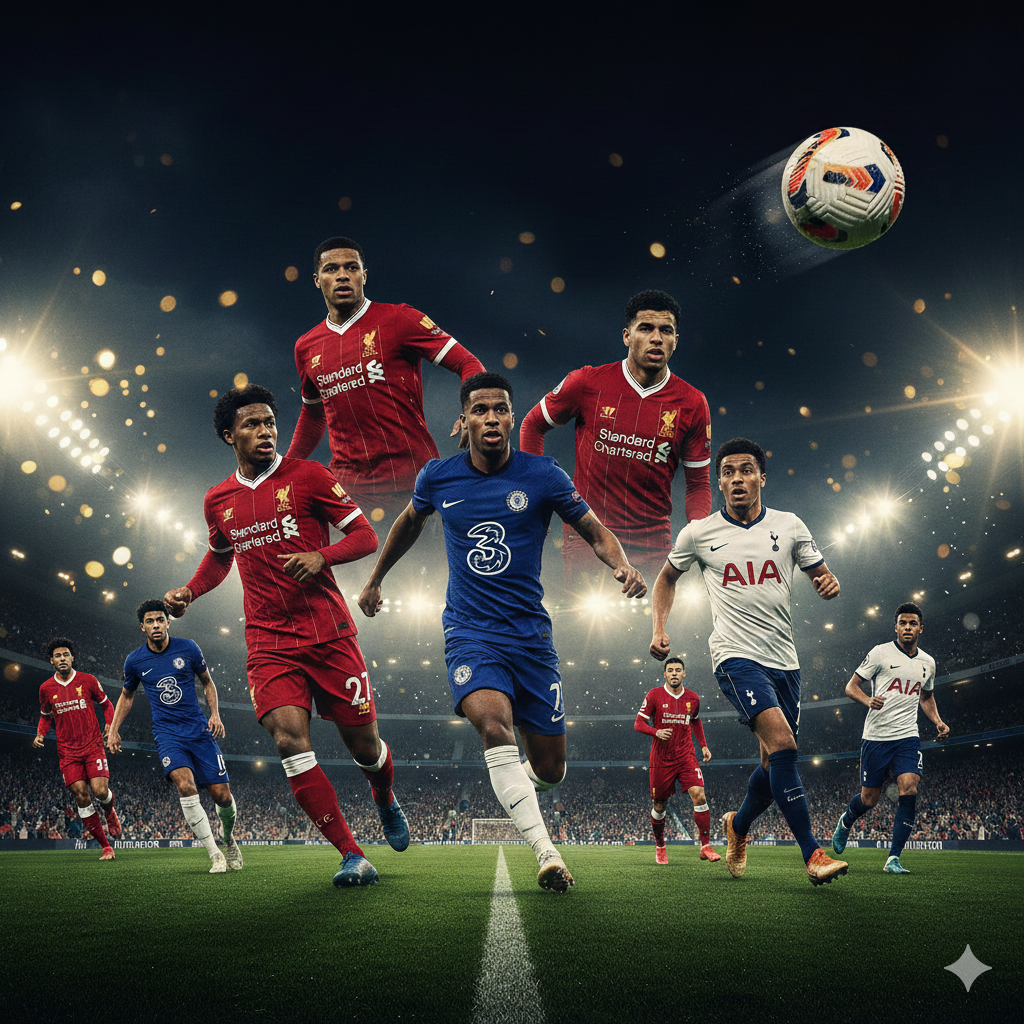 Kolase aksi sepak bola yang dinamis dan energik, menampilkan siluet pemain dari berbagai klub seperti Liverpool, Chelsea, dan Tottenham dalam aksi pertandingan malam hari di bawah lampu stadion yang terang. Skema warna didominasi oleh hijau lapangan yang kontras dengan langit malam yang gelap dan percikan cahaya lens flare. Sudut pandang rendah (low-angle shot) digunakan untuk memberikan kesan heroik pada para pemain. Detail seperti bola sepak resmi Premier League yang sedang meluncur menambah kesan gerakan dan urgensi pertandingan tengah pekan yang padat.