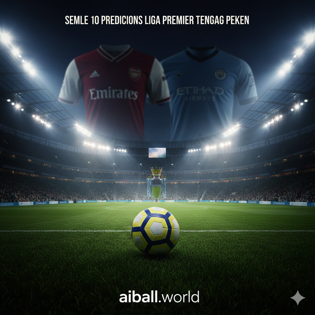 A cinematic high-angle shot of a modern English football stadium at night under bright floodlights. The composition features a collage-style artistic blend showing a blurred Arsenal jersey and a Manchester City jersey in the background. In the foreground, a professional football rests on the lush green grass with the Premier League trophy's silhouette faintly visible in the misty atmosphere. The color palette is dominated by deep blues, vibrant greens, and golden light flares, creating an intense and prestigious atmosphere suitable for a top-tier sports website.