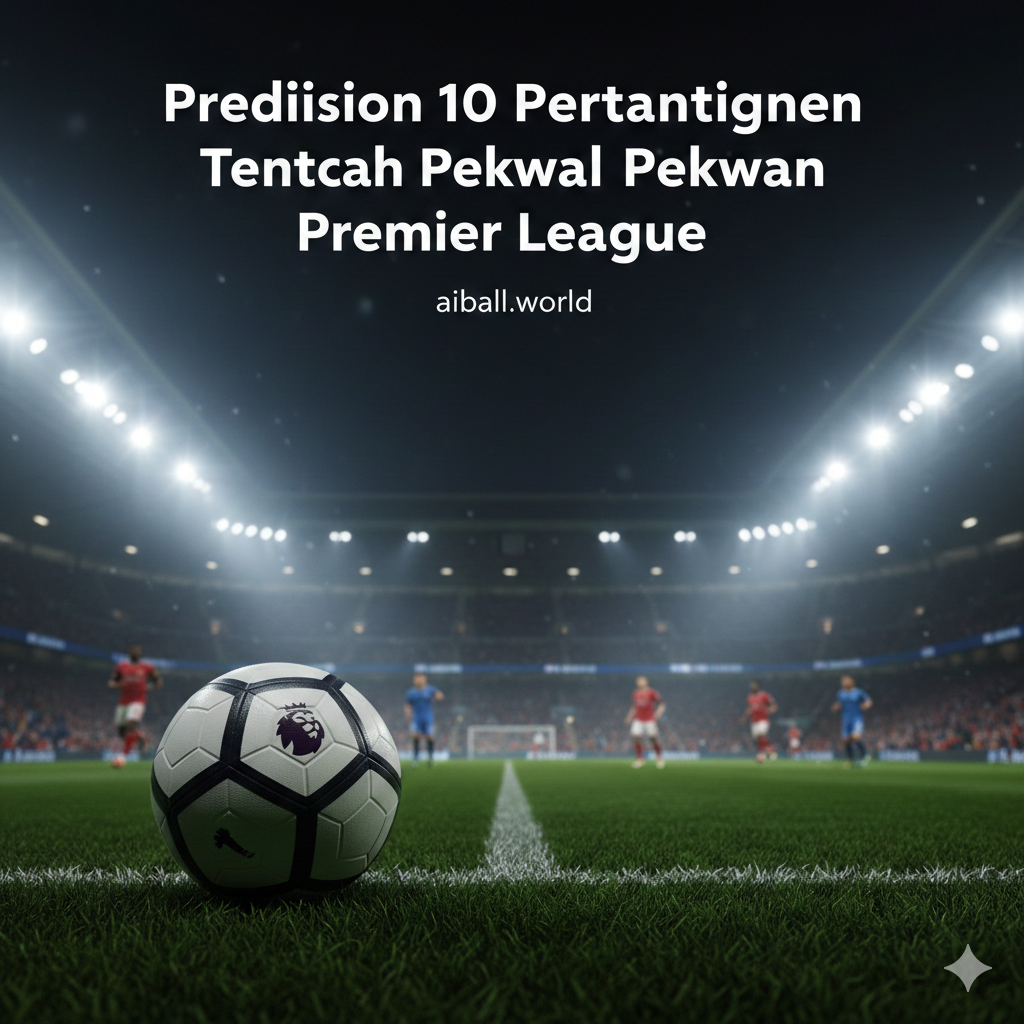 A high-energy cinematic wide shot of a modern English football stadium at night under bright floodlights. In the foreground, a professional football with the Premier League logo sits on the lush green grass. In the background, blurred silhouettes of players in red and blue kits are seen competing. The atmosphere is intense with a slight mist in the air, using a color palette of deep stadium greens, vibrant blues, and bright whites to evoke a midweek matchday feeling. The composition follows the rule of thirds with a shallow depth of field focusing on the ball.