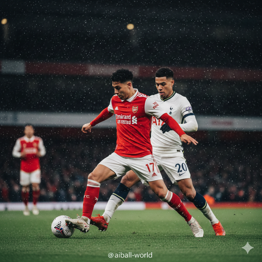 An intense, close-up action shot of a football match taking place on a lush green pitch during a rainy English night. The image captures a dramatic moment of a player in a red kit (representing Arsenal or Liverpool) dribbling past a defender in a white kit (representing Tottenham or Fulham). Droplets of rain are frozen in mid-air by a fast shutter speed, illuminated by the powerful stadium spotlights. The background is a beautifully blurred bokeh of the stadium stands. The composition is diagonal and full of movement, emphasizing the 'Consistency Test' mentioned in the article.