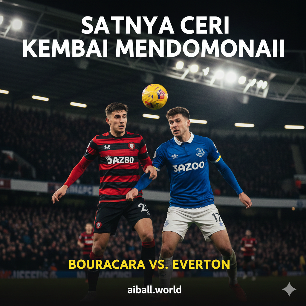 A high-intensity cinematic shot capturing the atmosphere of Vitality Stadium at night under bright floodlights. In the foreground, two professional football players—one in Bournemouth's iconic red and black striped kit and another in Everton's classic royal blue kit—are competing fiercely for a header. The background shows a blurry, passionate crowd and the stadium architecture. The style is dynamic sports photography with high contrast, vibrant colors, and a slight motion blur to emphasize action and the 'winning ways' theme.