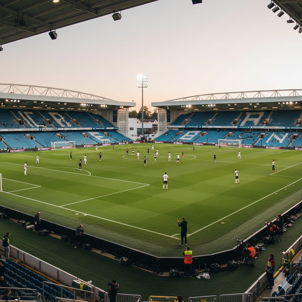 An expansive wide-angle view of the Vitality Stadium pitch during a match. The composition focuses on the tactical setup of the players, highlighting the lush green grass and the white stadium structures against a dusk sky. The lighting is warm and dramatic, with a focus on the technical area where managers might be seen gesturing. This image should feel professional and analytical, reflecting the 'match preview' and 'squad news' sections of the article, using a realistic, high-definition broadcast style.