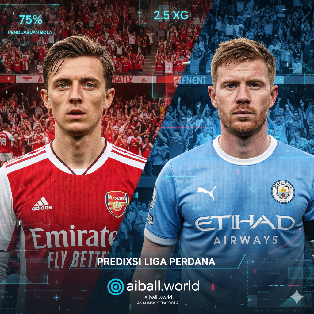 Komposisi grafis split-screen yang menampilkan perbandingan dua kapten tim utama (seperti Arsenal dan Man City) dengan ekspresi penuh tekad. Latar belakangnya adalah kolase dinamis dari momen-momen gol dan selebrasi penonton di tribun. Warna yang digunakan adalah kontras tinggi antara merah, putih, dan biru muda. Elemen desain mencakup grafik statistik digital yang transparan dan abstrak untuk memberikan kesan analisis data sepak bola yang mendalam dan profesional bagi situs aiball.world.