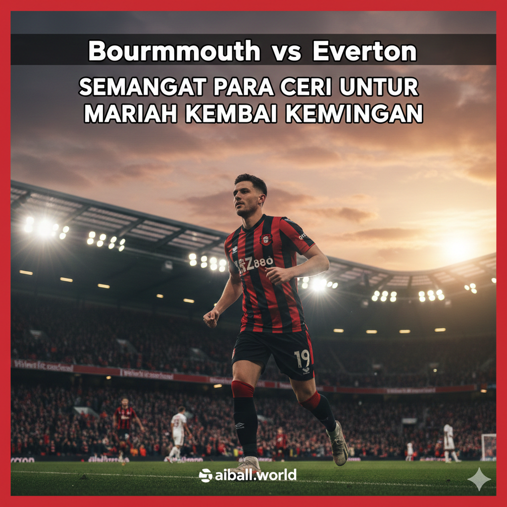 A high-intensity cinematic shot capturing the atmosphere of Vitality Stadium during a sunset match. In the foreground, a professional football player in Bournemouth's iconic red and black striped kit is seen from a dynamic low-angle, celebrating a goal or sprinting with determination. In the background, the stadium lights are glowing, creating a vibrant lens flare effect. The color palette is dominated by deep reds, blacks, and the warm orange of the sunset, conveying a sense of passion and the 'Cherries' spirit. The composition uses a shallow depth of field to focus on the player while keeping the cheering crowd slightly blurred.