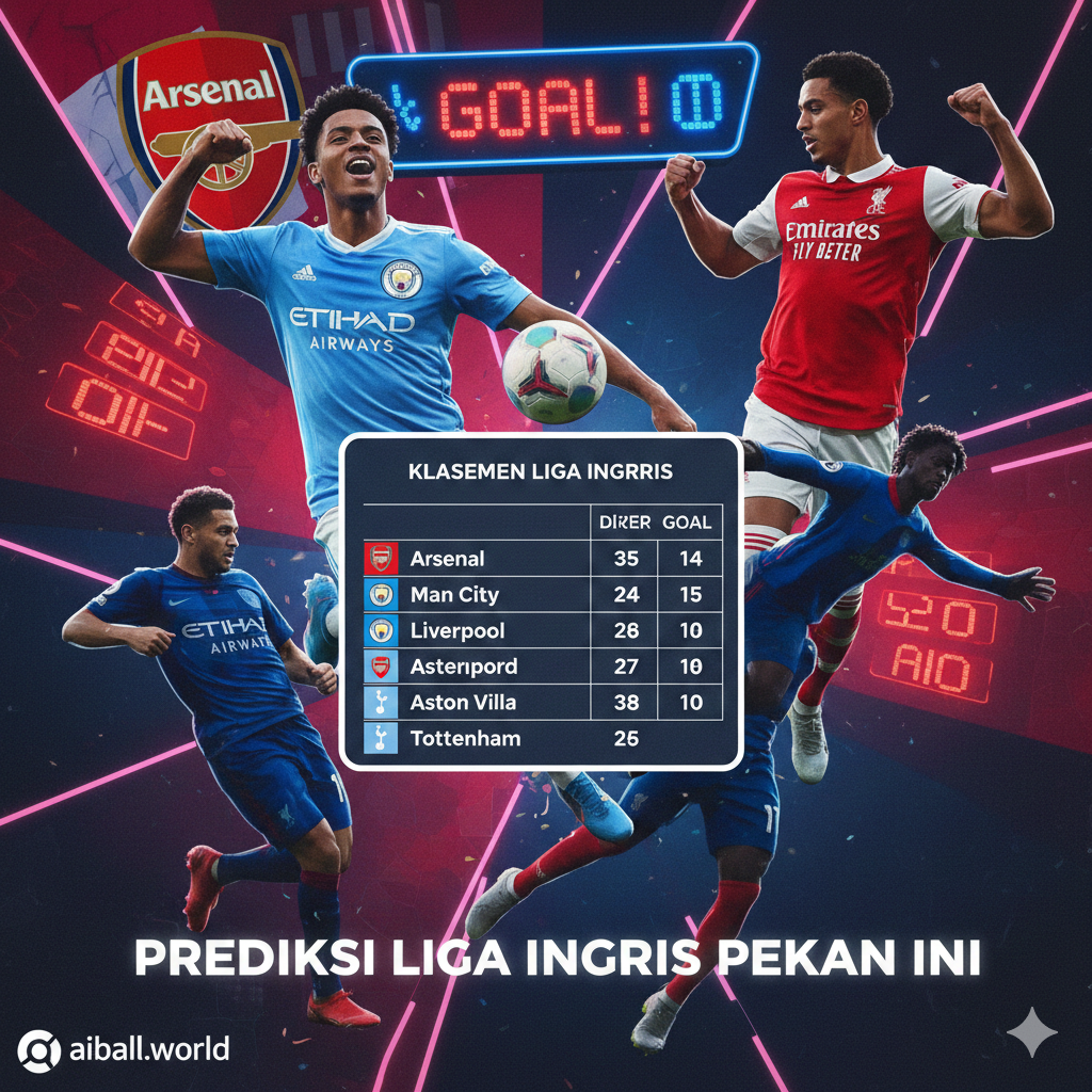 Ilustrasi digital yang menggabungkan elemen visual dari klub-klub besar seperti Arsenal, Man City, dan Liverpool. Menampilkan kolase dinamis yang mencakup jersey tim, papan skor digital yang menyala, dan siluet pemain sepak bola yang sedang melakukan selebrasi atau aksi tendangan. Skema warna didominasi oleh merah, biru, dan putih dengan efek pencahayaan neon yang modern dan energik. Komposisi ini dirancang untuk mewakili intensitas jadwal padat dan persaingan perebutan gelar juara serta zona Liga Champions.