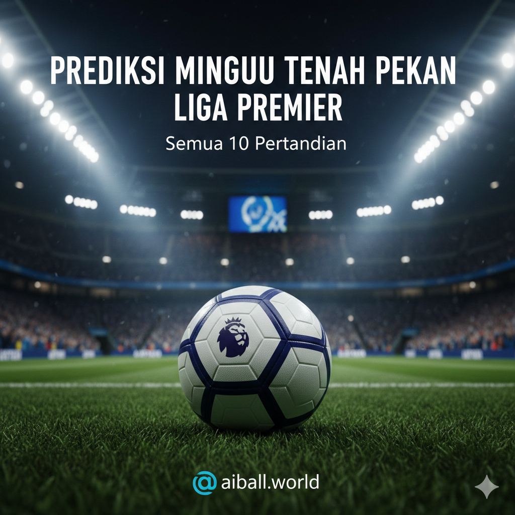 A high-action cinematic shot featuring iconic Premier League elements. In the foreground, a professional soccer ball with the official league logo sits on lush green grass under bright stadium floodlights. In the blurred background, a modern stadium filled with a cheering crowd creates an intense atmosphere.