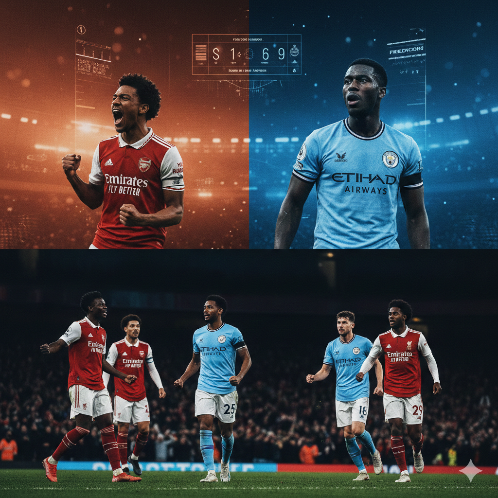 A conceptual split-screen or collage visual representing the clash between top-tier clubs like Arsenal, Man City, and Liverpool. The image features silhouettes of players in red, sky blue, and white kits celebrating or competing intensely.