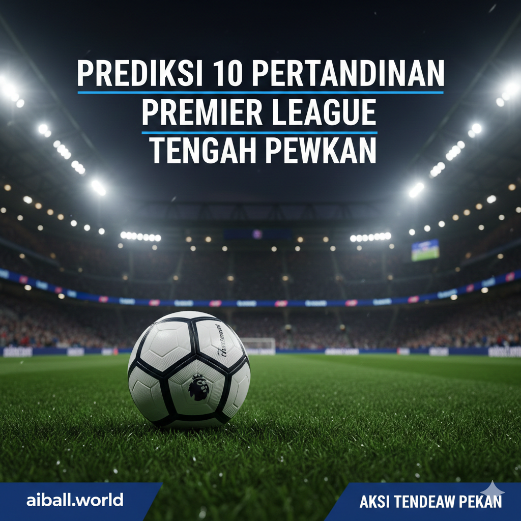 A high-energy cinematic wide shot of a modern Premier League stadium illuminated under bright floodlights during a night match. In the foreground, a professional football with the iconic Premier League logo sits on the lush green grass, which is glistening with evening dew. The background shows blurred silhouettes of passionate fans in the stands and the glowing stadium architecture. The color palette features vibrant greens, deep blues of the night sky, and bright white light flares, creating a professional, broadcast-quality sports atmosphere.