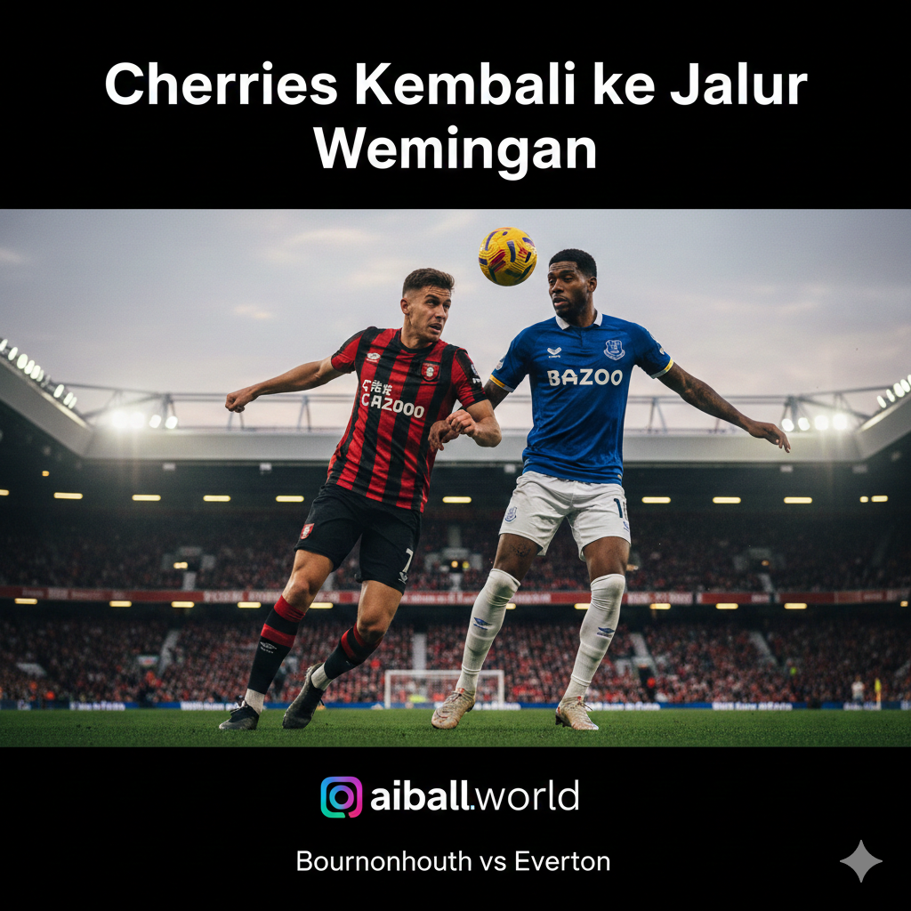 A high-action cinematic shot of a professional football match at the Vitality Stadium during dusk. The image features a Bournemouth player in their iconic red and black striped jersey competing for a header against an Everton player in a royal blue kit. The background shows a vibrant, packed stadium under bright floodlights with a slight motion blur to emphasize intensity. The color palette is dominated by deep reds and blues, with high contrast and sharp focus on the players' determined facial expressions. Wide-angle composition with a low-angle perspective to make the players look heroic.