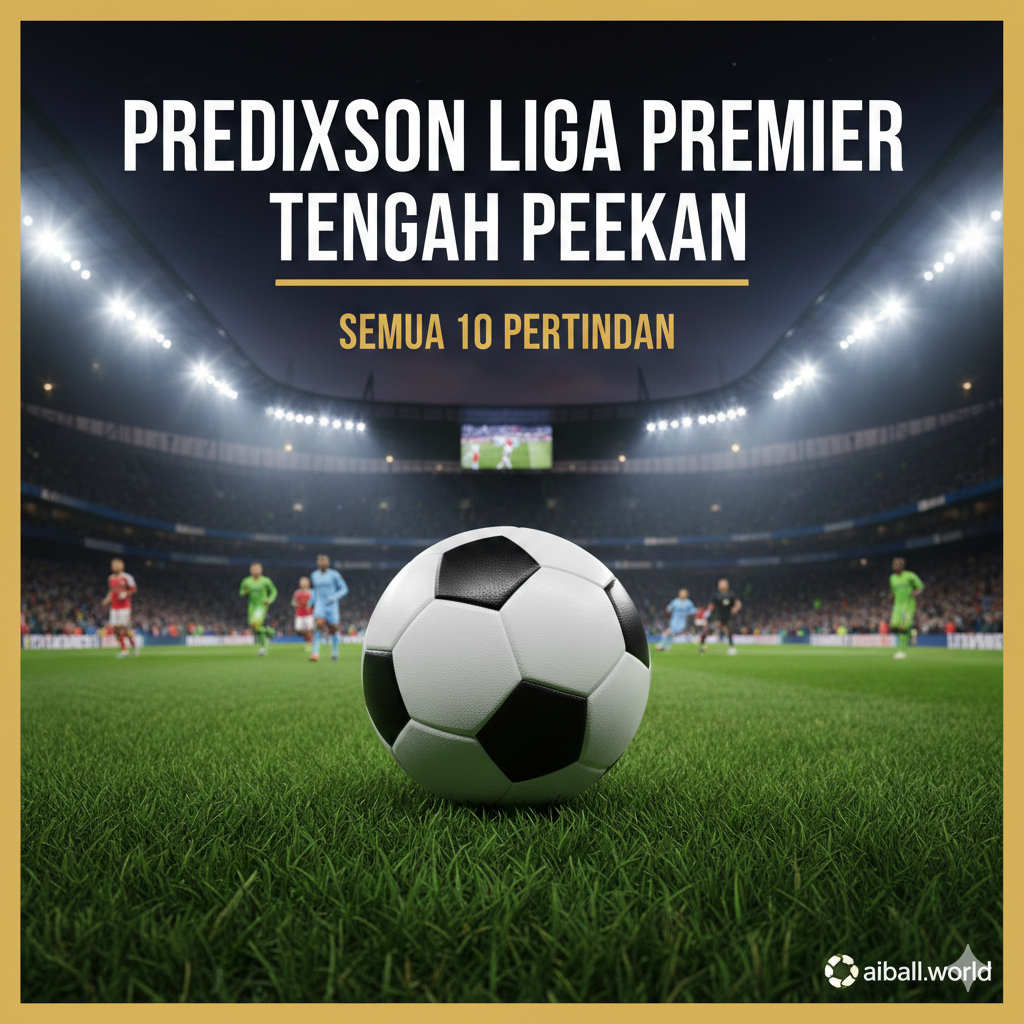 A dynamic high-angle shot of a modern Premier League stadium illuminated under bright floodlights during a night match. In the center, a high-quality 3D football rests on the lush green grass, with blurred figures of players from different teams like Arsenal and Man City in the background. The atmosphere is cinematic and energetic, featuring a color palette of deep stadium blues, vibrant turf greens, and golden light flares. The composition follows the rule of thirds, focusing on the intensity of the midweek matchday atmosphere.