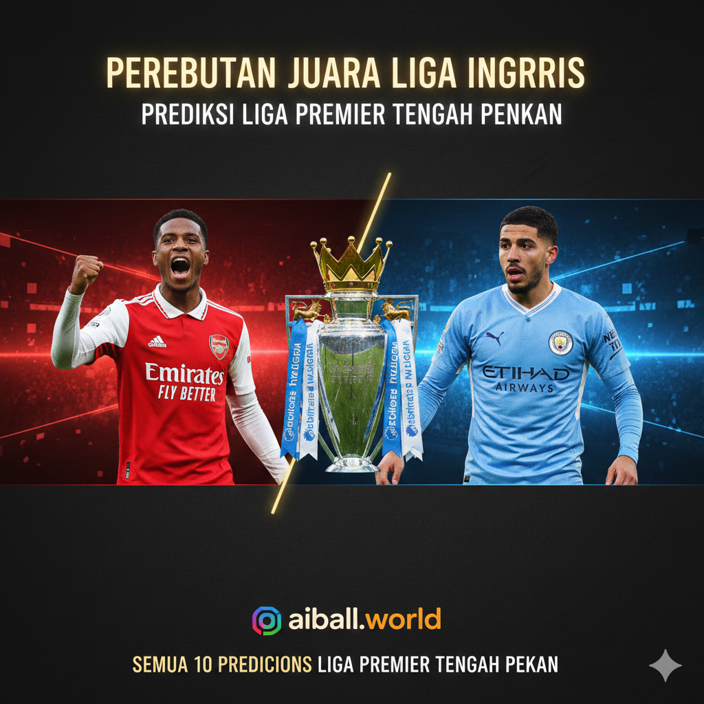 A conceptual split-screen graphic representing the intense title race between Arsenal and Manchester City. On one side, a stylized player in Arsenal's red and white kit is celebrating; on the other, a Manchester City player in sky blue is shown in a focused, tactical pose. Between them is a glowing Premier League trophy. The style is modern sports broadcast aesthetic with sleek digital overlays, energetic light streaks, and bold contrast. This visual emphasizes the high stakes of the midweek predictions for the top-tier clubs.