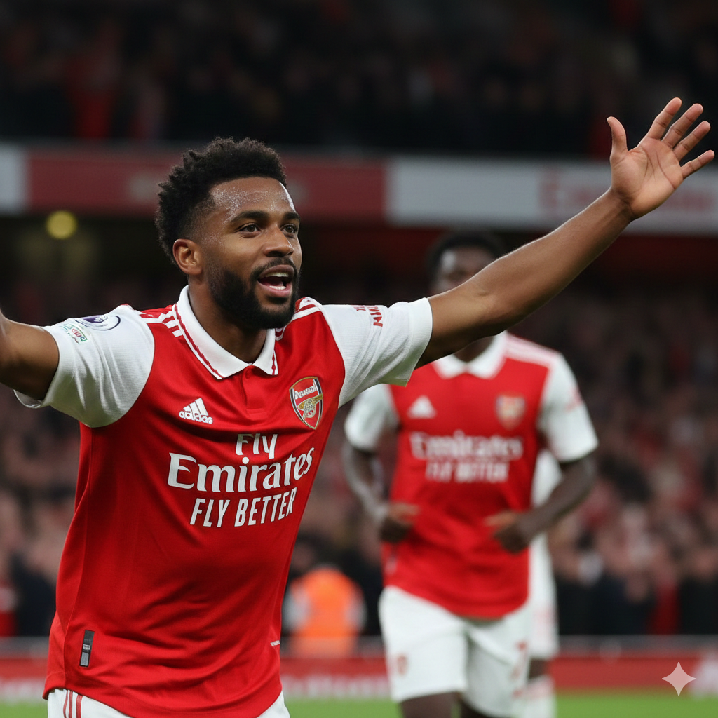 A close-up dramatic shot of an Arsenal player in their iconic red and white home kit celebrating or focused during a match at the Emirates Stadium. The style is professional sports photography with a shallow depth of field, making the player pop against a blurred background of cheering fans. The lighting is crisp and cinematic, emphasizing the texture of the jersey and the intensity of the competition. This visual highlights Arsenal's current lead in the standings as mentioned in the article's key prediction.