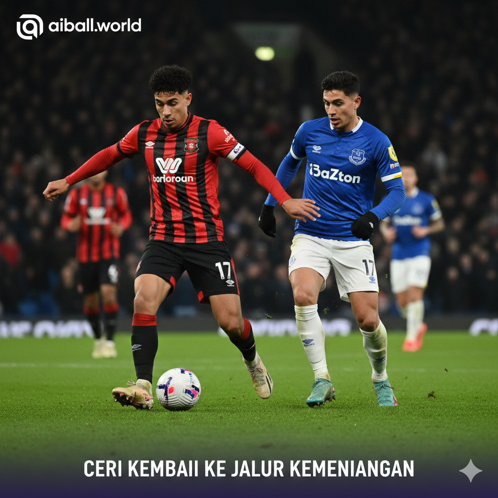 A high-action cinematic shot of a football match at Vitality Stadium during a night game under bright floodlights. The focus is on a player in Bournemouth's iconic red and black striped kit dribbling past an Everton defender in a blue kit. The atmosphere is intense with a blurred crowd in the background, a slight grass mist on the pitch, and a professional sports photography style. Vivid colors with high contrast emphasize the competitive spirit of the Premier League.